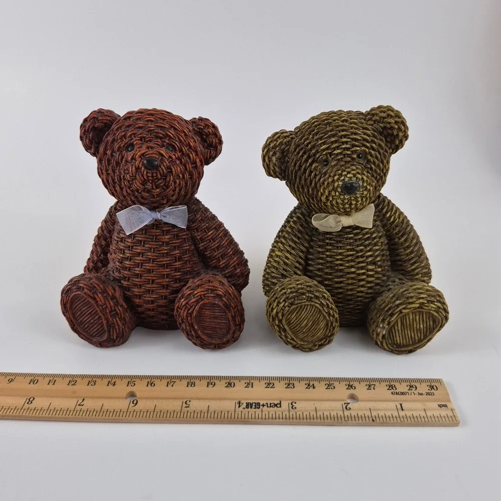 Vintage Faux Wicker Resin Teddy Bear Figurine Set Brown Green Country Decor 2pc